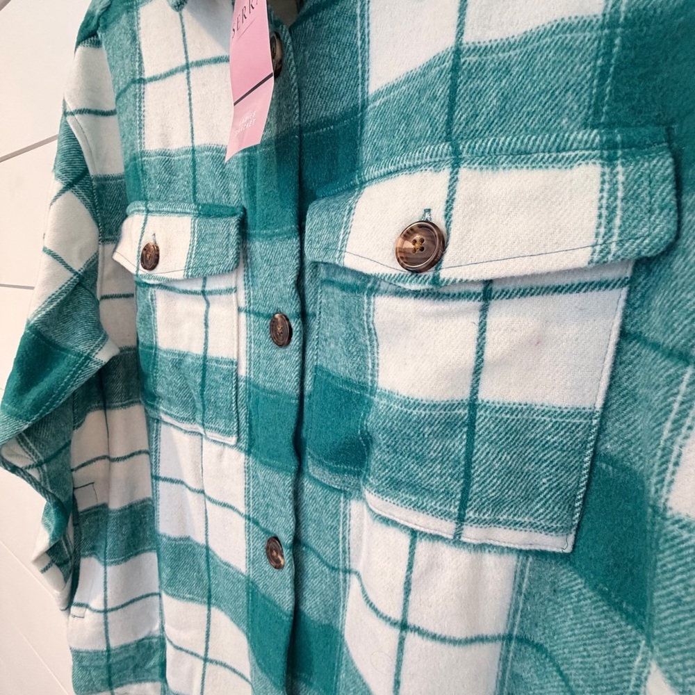 🌟2 for $10 Serra Greenish Blue Plaid Shacket Oversized Cozy Cottagecore Jacket M - Picture 4 of 7